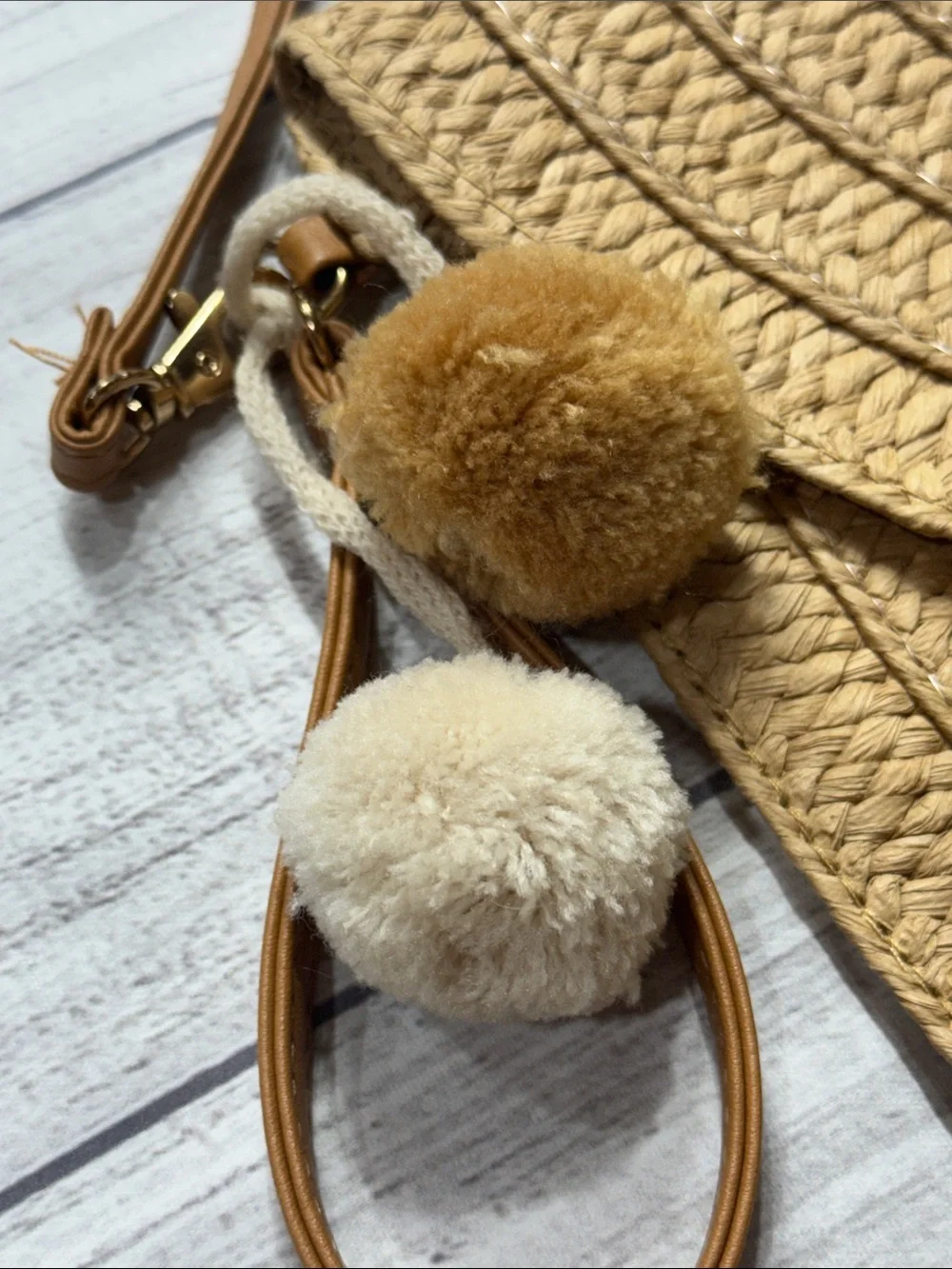 Bride’s Tan Woven Straw Crossbody Bag with Pom Pom Accent and Pearl “MRS”